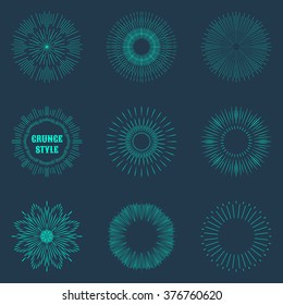 Set of vintage sunburst. Geometric shapes and light ray collection. Hipster style frames. Vector illustration of grunge design. Neon shapes isolated on dark background