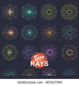 Set of vintage sunburst. Hand drawn. Light ray. Design template  for icons, logos or graphic elements.
