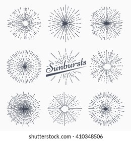 Set of vintage sunburst. Hand drawn. Light ray. Design template  for icons, logos or graphic elements.