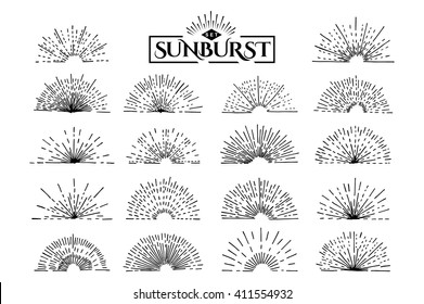 Set of vintage sunburst. Hand drawn. Light ray. Design template  for icons, logos or graphic elements.