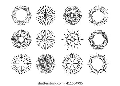 Set of vintage sunburst. Hand drawn. Light ray. Design template  for icons, logos or graphic elements.