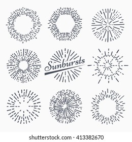Set of vintage sunburst. Hand drawn. Light ray. Design template  for icons, logos or graphic elements.