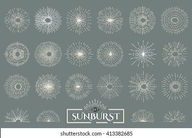 Set of vintage sunburst. Hand drawn. Light ray. Design template  for icons, logos or graphic elements.