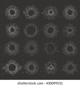 Set of vintage sunburst. Hand drawn. Light ray. Design template for icons, logos or graphic elements.