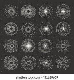 Set of vintage sunburst. Hand drawn. Light ray. Design template for icons, logos or graphic elements.
