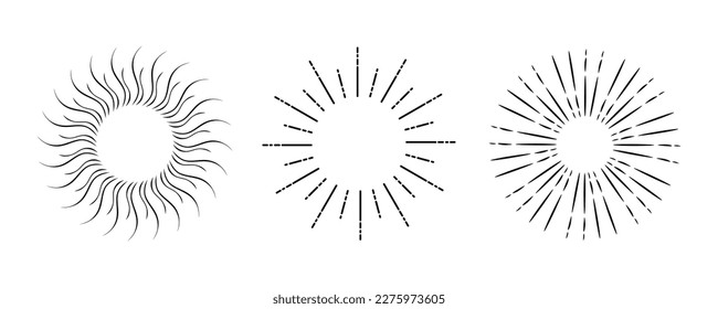 Conjunto de arrebatos de sol vintage, marco vectorial. Marco del amanecer de los rayos de calor, aislado en fondo blanco. Fuego de la colección. Elementos de diseño de rayos de sol, rayos negros de explosión. Ilustración del vector