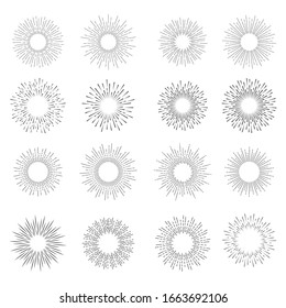 Set of Vintage Sunbursts black color, isolated on white background for logo, tag, stamp, t shirt, banner, emblem. Vector Illustration