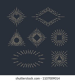 Set of Vintage Sunbursts in Different Shapes. Trendy Hand Drawn Retro Bursting Rays Design Elements. Hipster Vector illustration