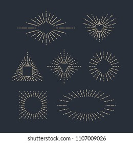 Set of Vintage Sunbursts in Different Shapes. Trendy Hand Drawn Retro Bursting Rays Design Elements. Hipster Vector illustration