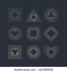 Set of Vintage Sunbursts in Different Shapes. Trendy Hand Drawn Retro Bursting Rays Design Elements. Hipster Vector illustration