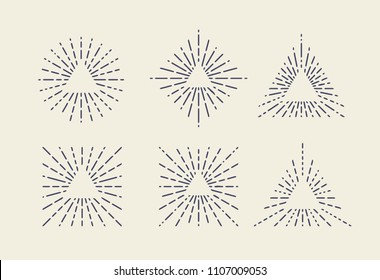 Set of Vintage Sunbursts in Different Shapes with Triangles Inside. Trendy Hand Drawn Retro Bursting Rays Design Elements. Hipster Vector illustration