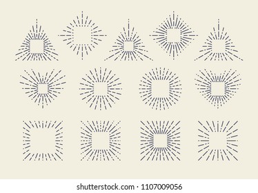 Set of Vintage Sunbursts in Different Shapes with Squares Inside. Trendy Hand Drawn Retro Bursting Rays Design Elements. Hipster Vector illustration