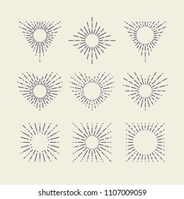 Set of Vintage Sunbursts in Different Shapes with Circle Inside. Trendy Hand Drawn Retro Bursting Rays Design Elements. Hipster Vector illustration