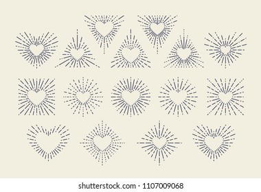 Set of Vintage Sunbursts in Different Shapes with Hearts Inside. Trendy Hand Drawn Retro Bursting Rays Design Elements. Hipster Vector illustration