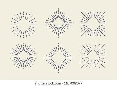 Set of Vintage Sunbursts in Different Shapes with Rhombus Inside. Trendy Hand Drawn Retro Bursting Rays Design Elements. Hipster Vector illustration