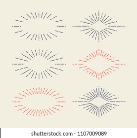 Set of Vintage Sunbursts in Different Shapes. Trendy Hand Drawn Retro Bursting Rays Design Elements. Hipster Vector illustration