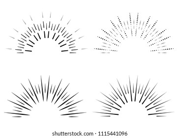 Set of Vintage Sunbursts in Different Shapes. Trendy Hand Drawn Retro Bursting Rays Design Elements. Hipster