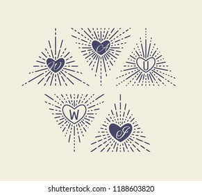 Set of Vintage Sunbursts in Different Shapes. Trendy Hand Drawn Retro Bursting Rays Design Elements. Hipster Vector illustration