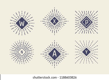 Set of Vintage Sunbursts in Different Shapes. Trendy Hand Drawn Retro Bursting Rays Design Elements. Hipster Vector illustration