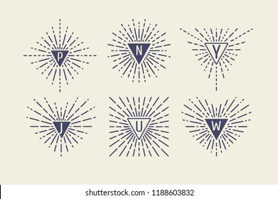 Set of Vintage Sunbursts in Different Shapes. Trendy Hand Drawn Retro Bursting Rays Design Elements. Hipster Vector illustration