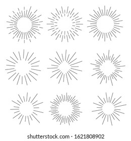 Set of Vintage Sunbursts in different shapes. Trendy Hand Drawn Retro Bursting Rays Design Elements. Hipster vector illustration