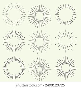 Set of Vintage Sunbursts in Different Shapes. Trendy Hand Drawn Retro Bursting Rays Design Elements. Hipster Vector illustration