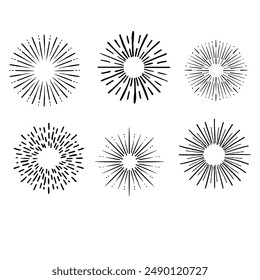 Set of Vintage Sunbursts in Different Shapes. Trendy Hand Drawn Retro Bursting Rays Design Elements. Hipster Vector illustration