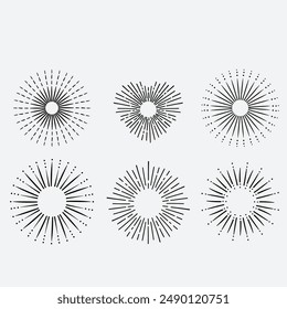 Set of Vintage Sunbursts in Different Shapes. Trendy Hand Drawn Retro Bursting Rays Design Elements. Hipster Vector illustration
