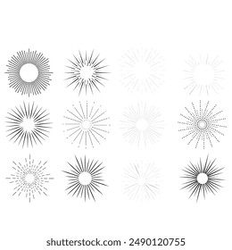 Set of Vintage Sunbursts in Different Shapes. Trendy Hand Drawn Retro Bursting Rays Design Elements. Hipster Vector illustration
