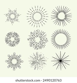 Set of Vintage Sunbursts in Different Shapes. Trendy Hand Drawn Retro Bursting Rays Design Elements. Hipster Vector illustration