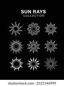 Set of Vintage Sunbursts in Different Shapes. Trendy Hand Drawn Retro Bursting Rays Design Elements. Hipster Vector illustration