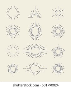 Set of Vintage Sunbursts in Different Shapes. Trendy Hand Drawn Retro Bursting Rays Design Elements. Hipster Vector illustration