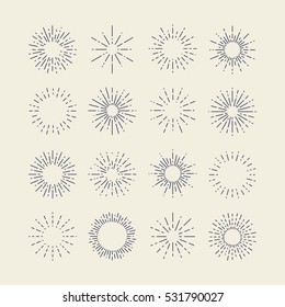 Set of Vintage Sunbursts in Different Shapes. Trendy Hand Drawn Retro Bursting Rays Design Elements. Hipster Vector illustration