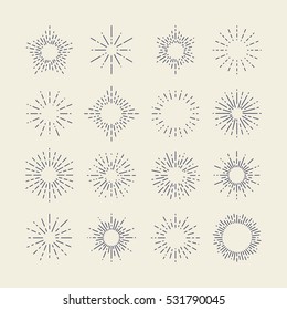 Set of Vintage Sunbursts in Different Shapes. Trendy Hand Drawn Retro Bursting Rays Design Elements. Hipster Vector illustration