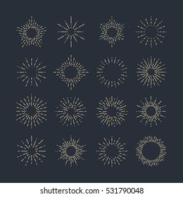 Conjunto de Sunbursts Vintage em Diferentes Formas. Elementos de design de raios retrô desenhados à mão na moda. Ilustração Hipster Vector