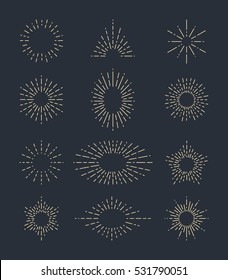 Set of Vintage Sunbursts in Different Shapes. Trendy Hand Drawn Retro Bursting Rays Design Elements. Hipster Vector illustration