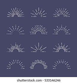 Set of Vintage Sunbursts in Different Shapes. Trendy Hand Drawn Retro Bursting Rays Design Elements. Hipster Vector illustration 