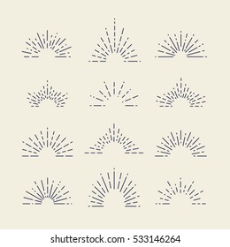 Set of Vintage Sunbursts in Different Shapes. Trendy Hand Drawn Retro Bursting Rays Design Elements. Hipster Vector illustration 