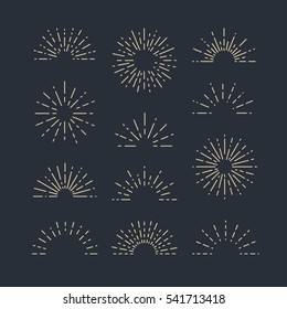 Set of Vintage Sunbursts in Different Shapes. Trendy Hand Drawn Retro Bursting Rays Design Elements on Dark Background. Hipster Vector illustration 