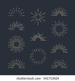 Set of Vintage Sunbursts in Different Shapes. Trendy Hand Drawn Retro Bursting Rays Design Elements on Dark Background. Hipster Vector illustration 