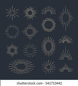Set of Vintage Sunbursts in Different Shapes. Trendy Hand Drawn Retro Bursting Rays Design Elements on Dark Background. Hipster Vector illustration 