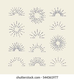 Set of Vintage Sunbursts in Different Shapes. Trendy Hand Drawn Retro Bursting Rays Design Elements. Hipster Vector illustration 