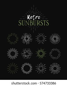 Set of Vintage Sunbursts in Different Shapes. Trendy Hand Drawn Retro Bursting Rays Design Elements. Hipster Vector illustration 