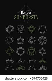 Set of Vintage Sunbursts in Different Shapes. Trendy Hand Drawn Retro Bursting Rays Design Elements. Hipster Vector illustration 