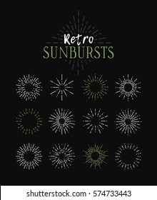 Set of Vintage Sunbursts in Different Shapes. Trendy Hand Drawn Retro Bursting Rays Design Elements. Hipster Vector illustration 