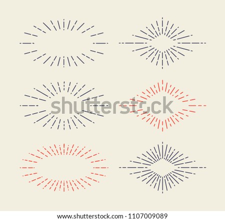 Set of Vintage Sunbursts in Different Shapes. Trendy Hand Drawn Retro Bursting Rays Design Elements. Hipster Vector illustration