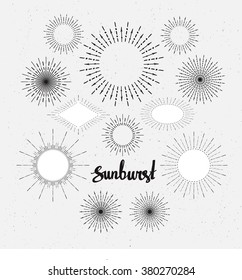 Set Of Vintage Sunbursts.  Hand-Drawn Vector Hipster Design Elements on the crafted background.