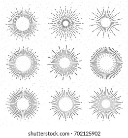 Set of vintage  sunbursts on white background. Starburst, sunrays. Design elements.