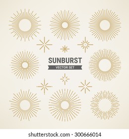 Set Of Vintage Sunbursts In Trendy Mono Line Style. Perfect For Vintage Invitations, Retro Greeting Cards, Logo Templates