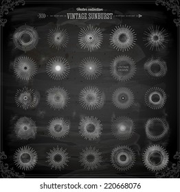 Set of Vintage Sunbusrt. Geometric Shapes and Light Ray Collection. Hipster Style Frames. Chalkboard Style. 